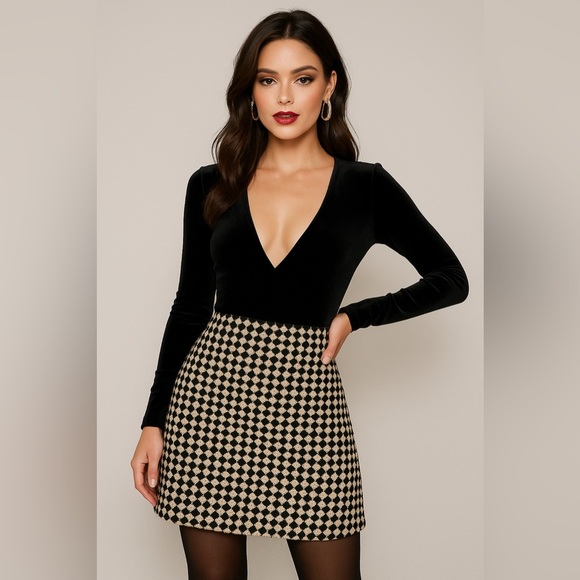 🖤 Black & White Mini Skirt – Textured Geometric/Houndstooth Pattern 🖤 - Picture 5 of 10